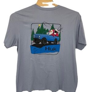 Huk T-Shirt Men XXXL Blue Christmas Santa Fishing Truck Graphic Crew Neck Tee